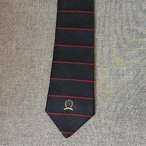 Tommy Hilfiger Silk Tie Black Red Stripe Crest Logo